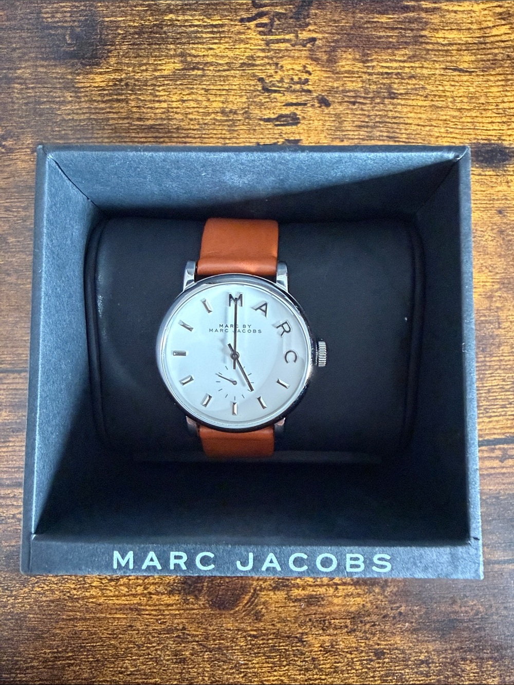 Marc Jacobs Women’s Tan Leather Strap Watch with Silver Case and White Dial
